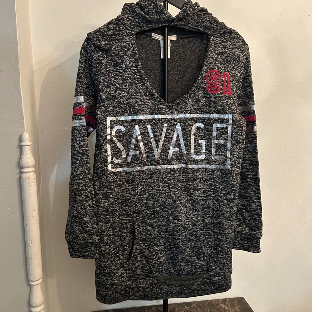 NYC Pullover Hoodie V-Neck Long‎ Sleeve Savage 91 Graphic Black Gray Womens